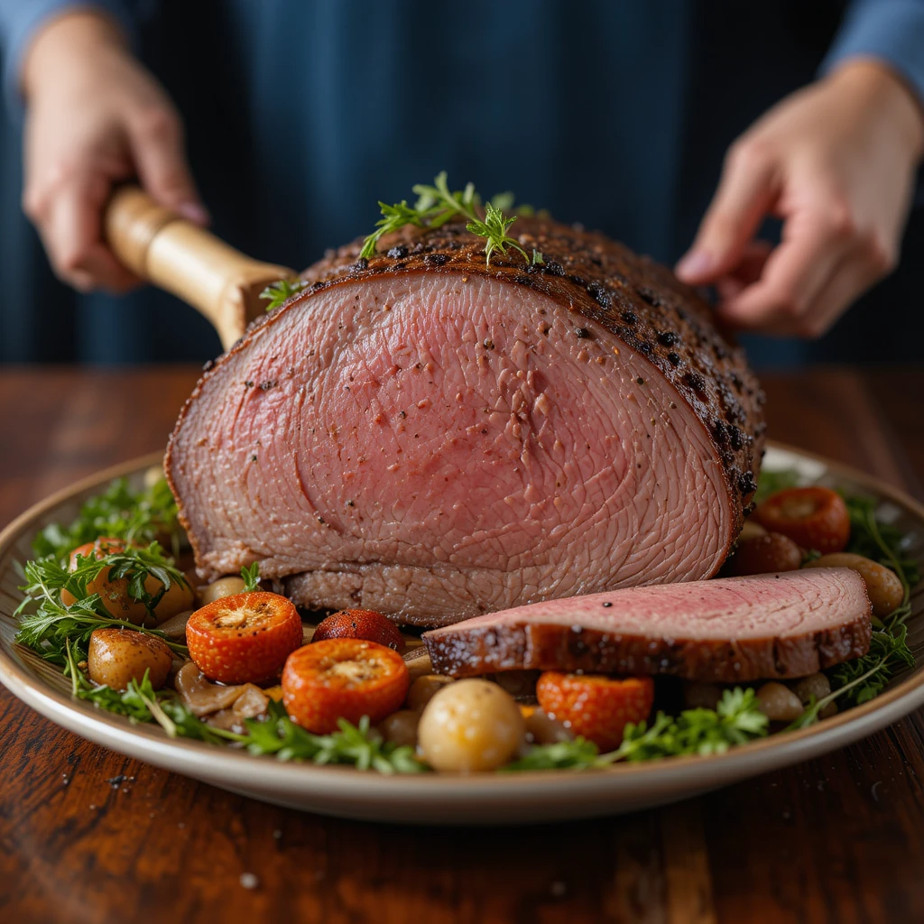 Cooked bottom round roast served on a platter with vegetables