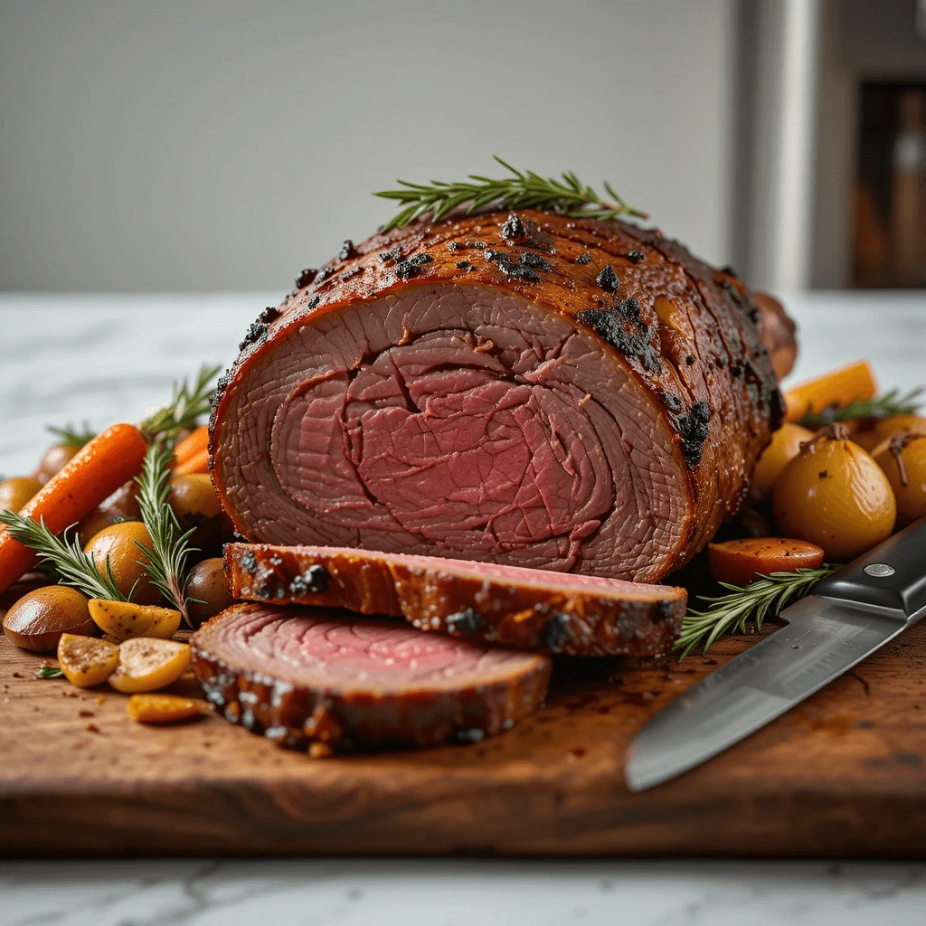 Perfectly roasted bottom round beef roast with juicy slices, garnished with fresh rosemary, thyme, and roasted vegetables.