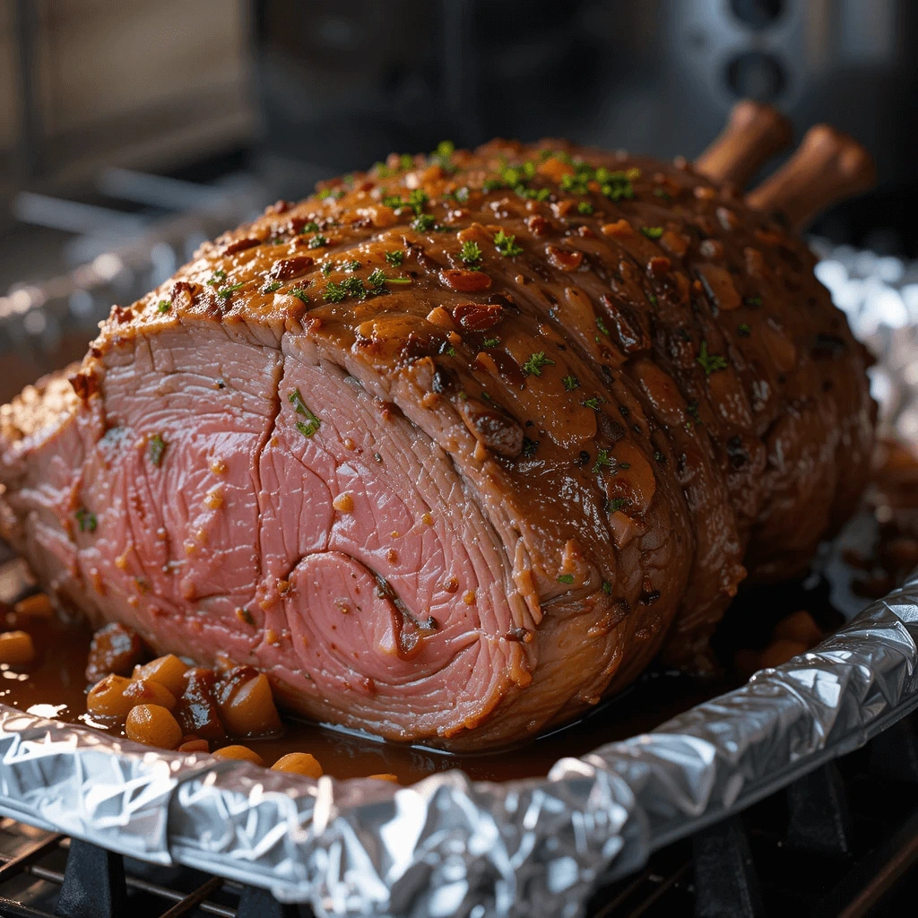 A bottom round roast cooking in the oven with herbs and spices