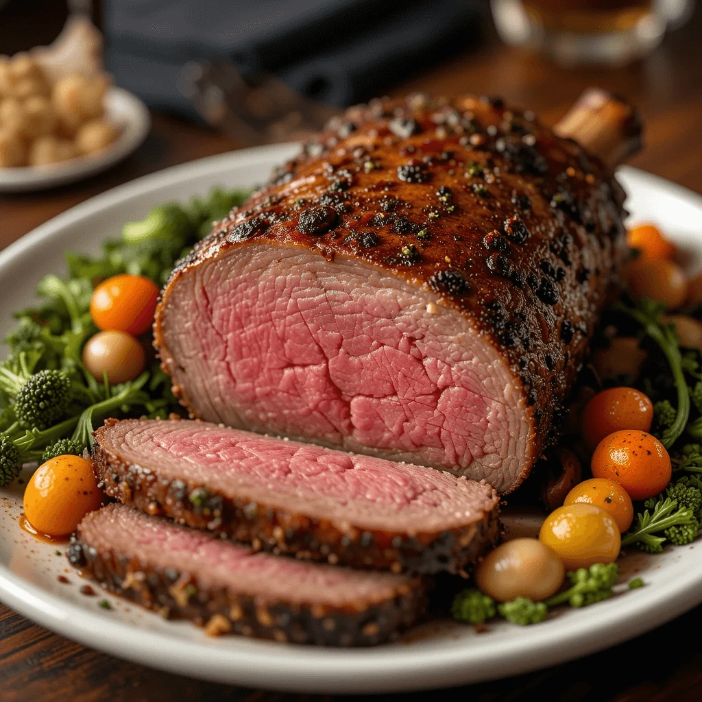 Sliced bottom round roast served with mashed potatoes and roasted vegetables