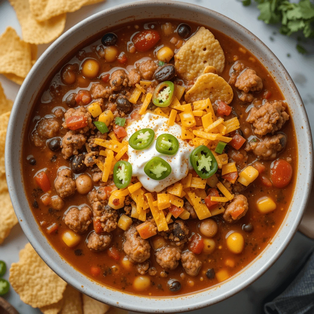 Fritos chips added to Taco Soup for a crunchy texture