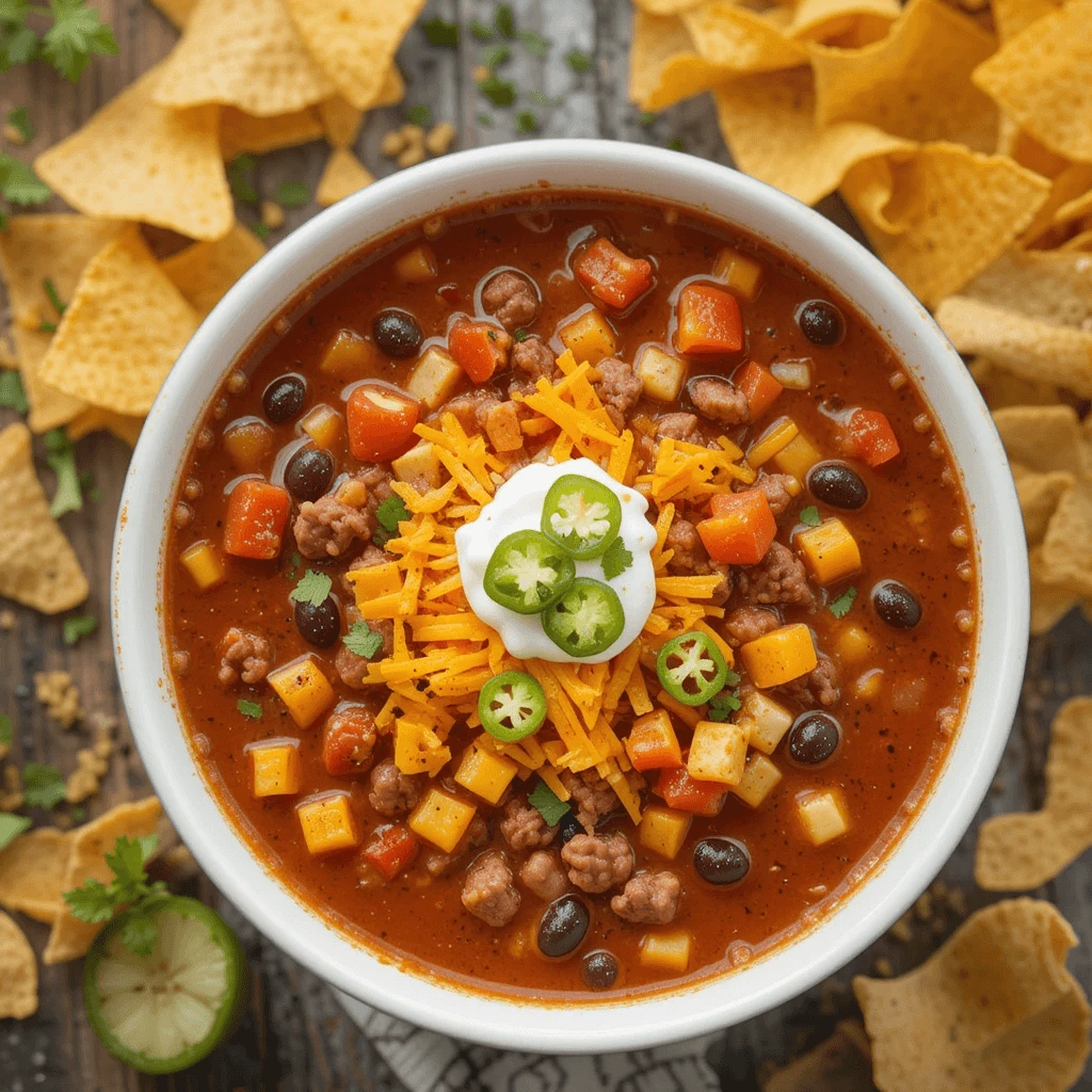 Step-by-step Frito Taco Soup recipe ingredients in a pot