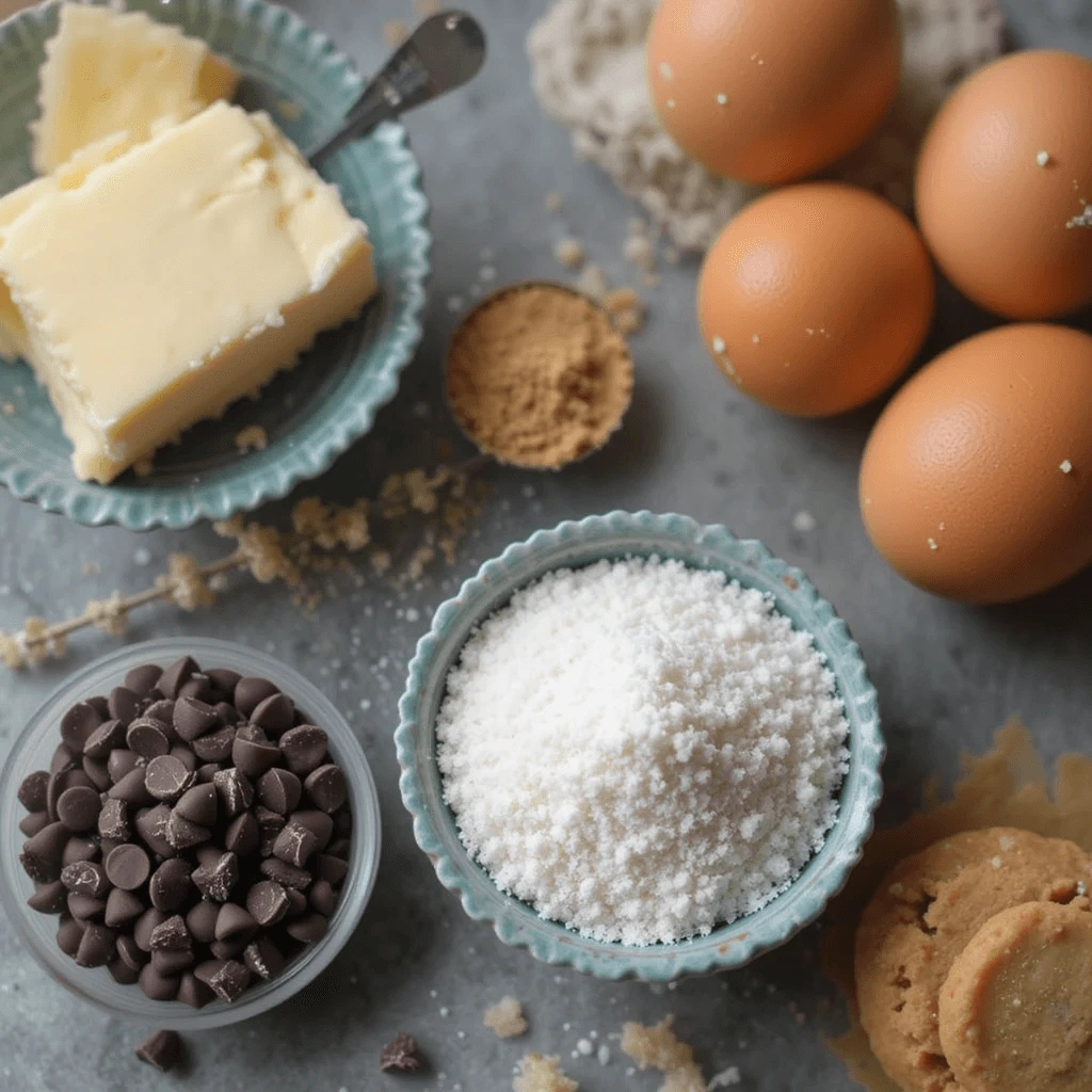 High-quality ingredients for Disney-inspired chocolate chip cookies, including flour, butter, sugar, eggs, chocolate chips, and vanilla.