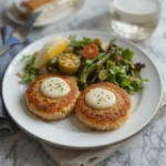 Golden, crispy old fashioned salmon patties served on a white plate with lemon wedges and tartar sauce