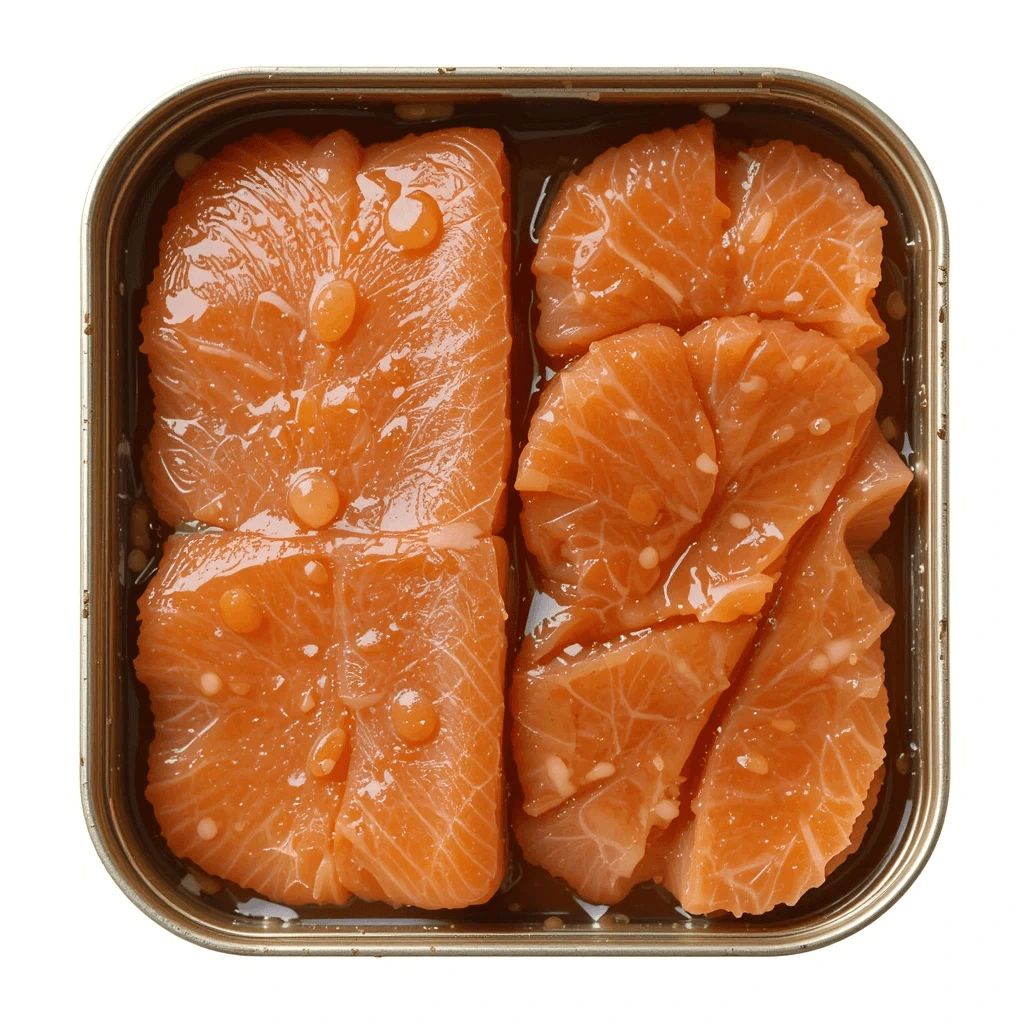 A close-up of canned salmon with the lid removed, showing flaky pink salmon ready for cooking.