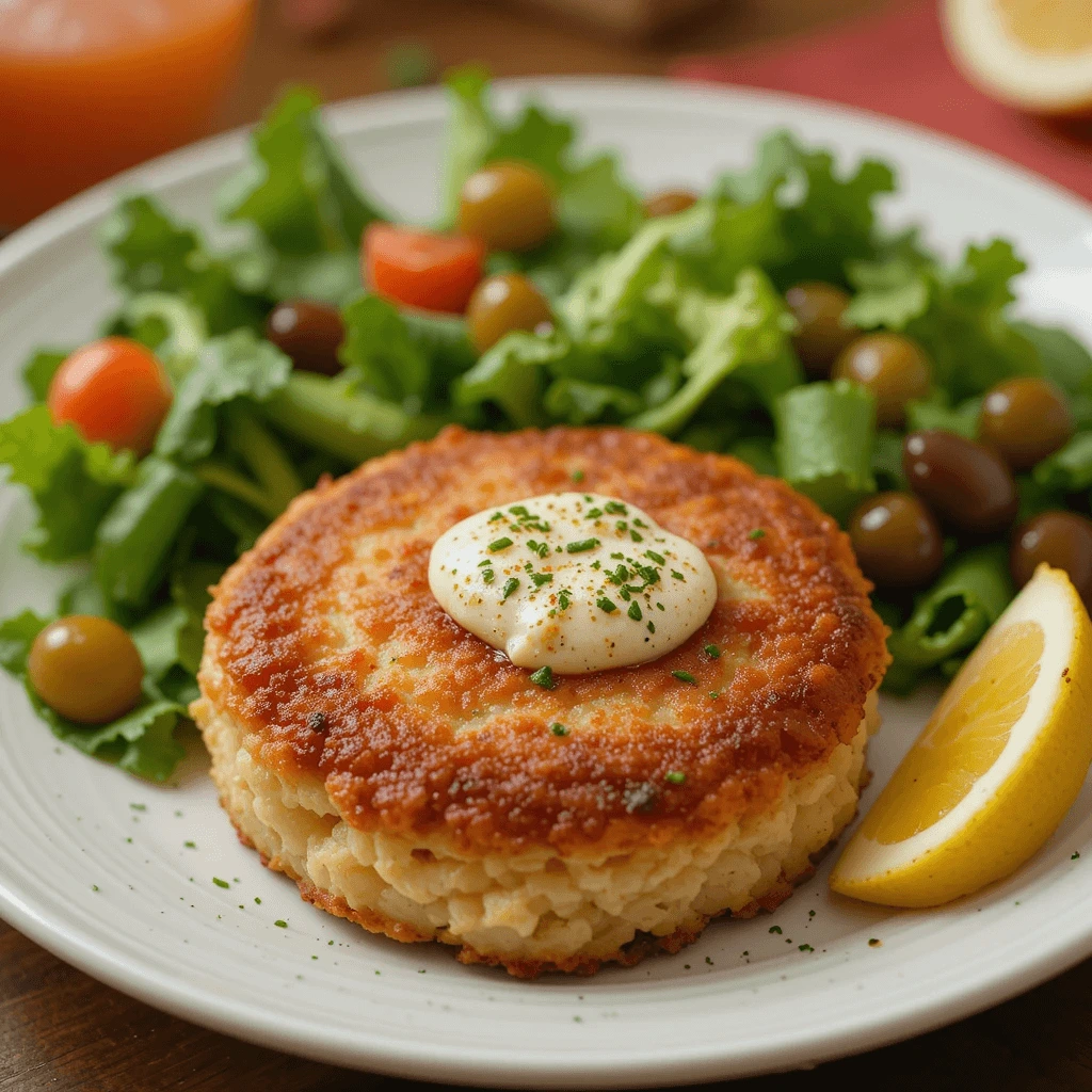 Golden crispy salmon patties served with tartar sauce, lemon wedges, and a side of coleslaw on a rustic plate.