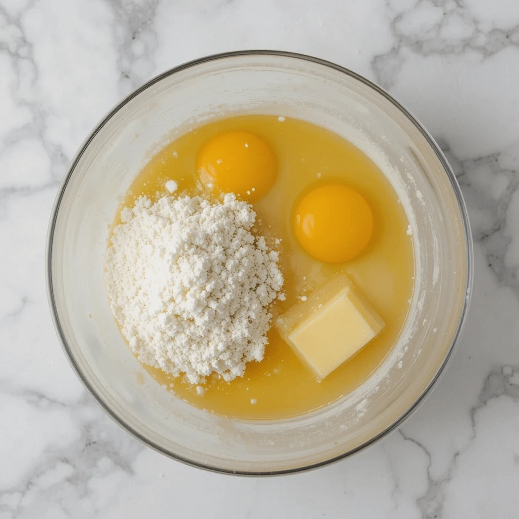 Ingredients for a moist and fluffy kefir sheet cake, including kefir, flour, sugar, eggs, and baking powder, arranged on a kitchen counter.