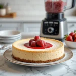 A slice of creamy New York cheesecake made in a blender, topped with fresh strawberries and whipped cream, served on a white plate